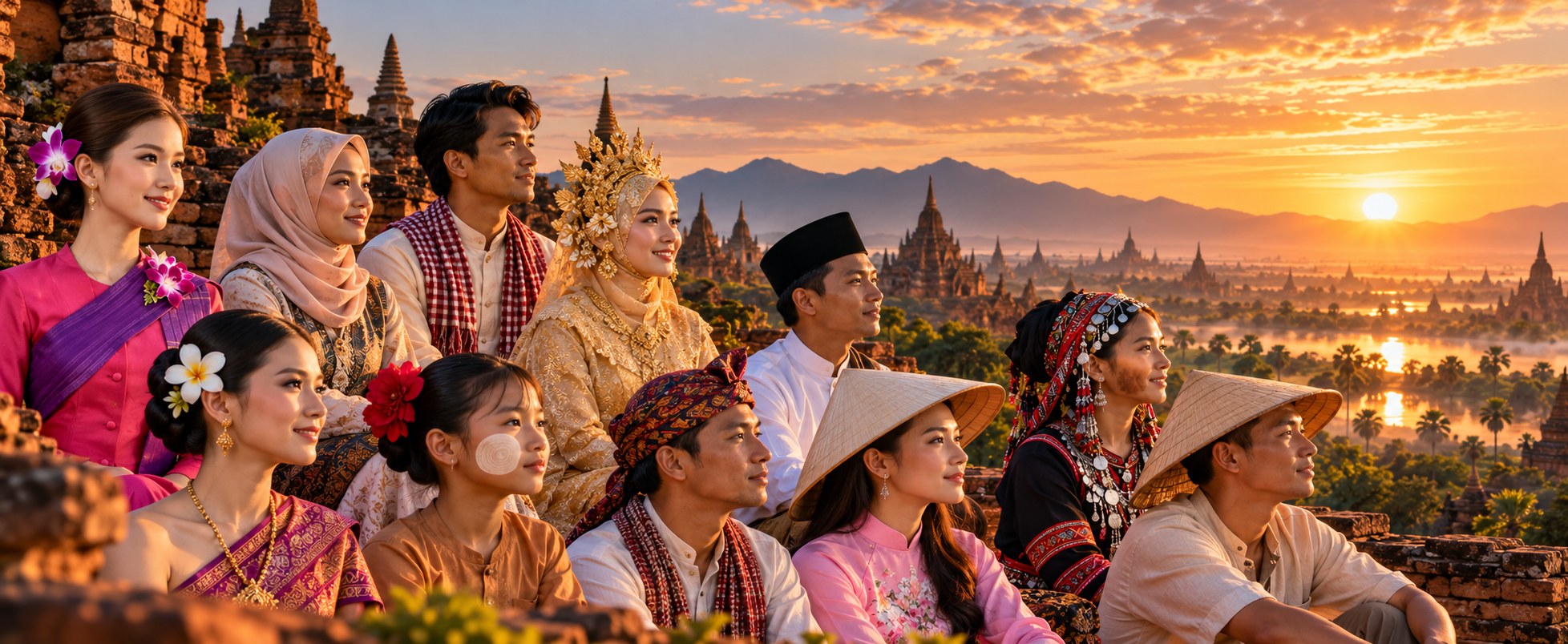 People of ASEAN in traditional dress watching the sunset over a field of temples